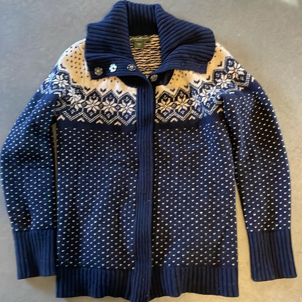 Eddie Bauer Navy and Cream Nordic Zip Cardigan Sweater